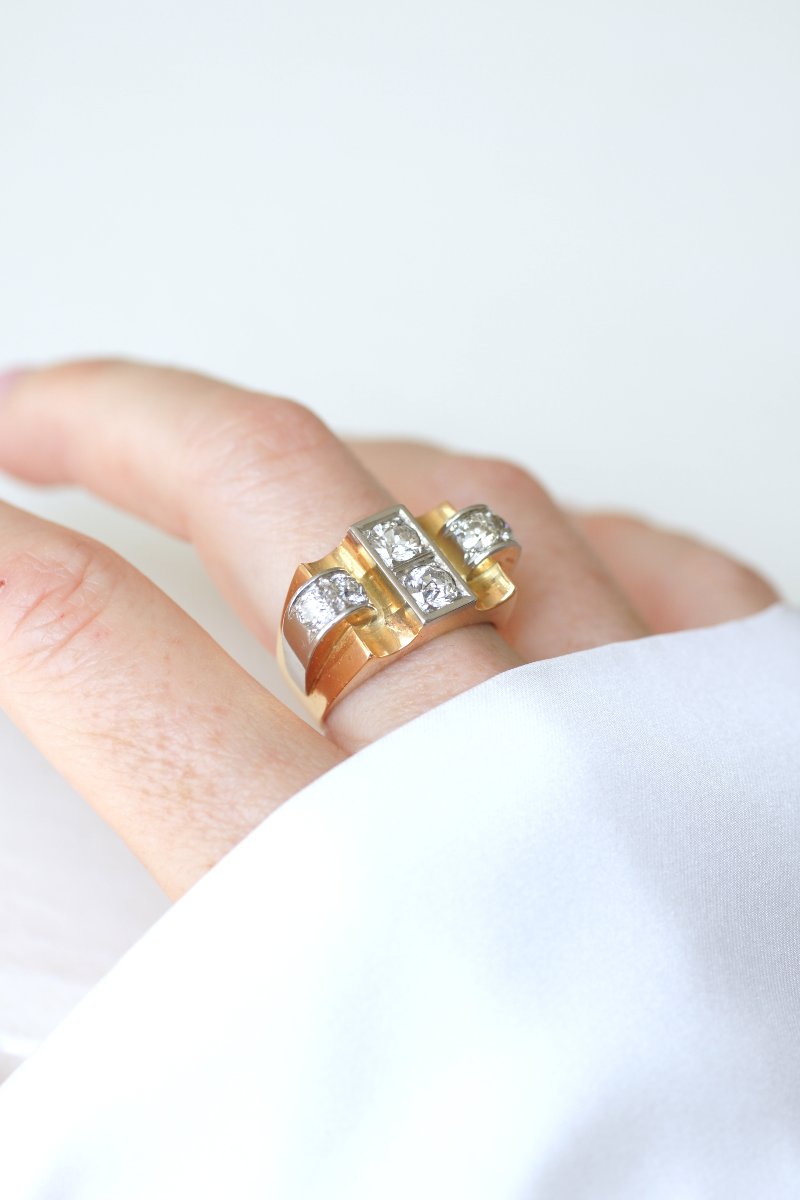 Bague Tank Diamants 1.80 Cts sur Or Jaune et Platine-photo-2