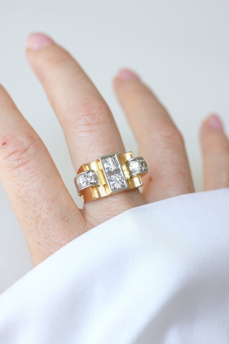 Bague Tank Diamants 1.80 Cts sur Or Jaune et Platine-photo-2