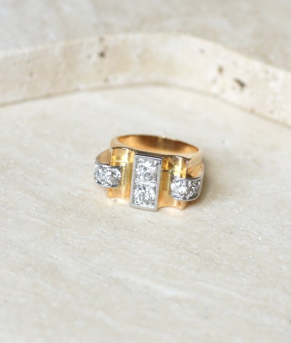 Bague Tank Diamants 1.80 Cts sur Or Jaune et Platine