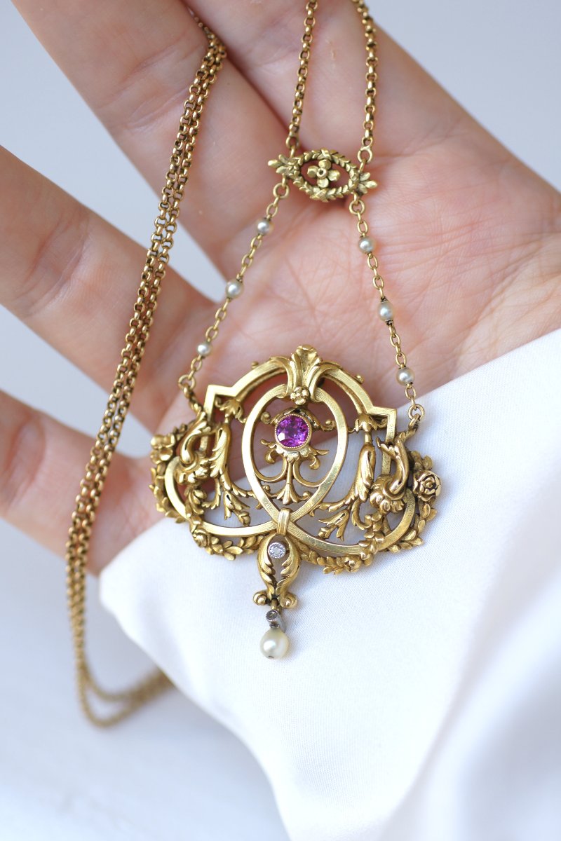 Edwardian Necklace With Burmese Ruby, Diamonds, And Natural Pearls On Yellow Gold-photo-4