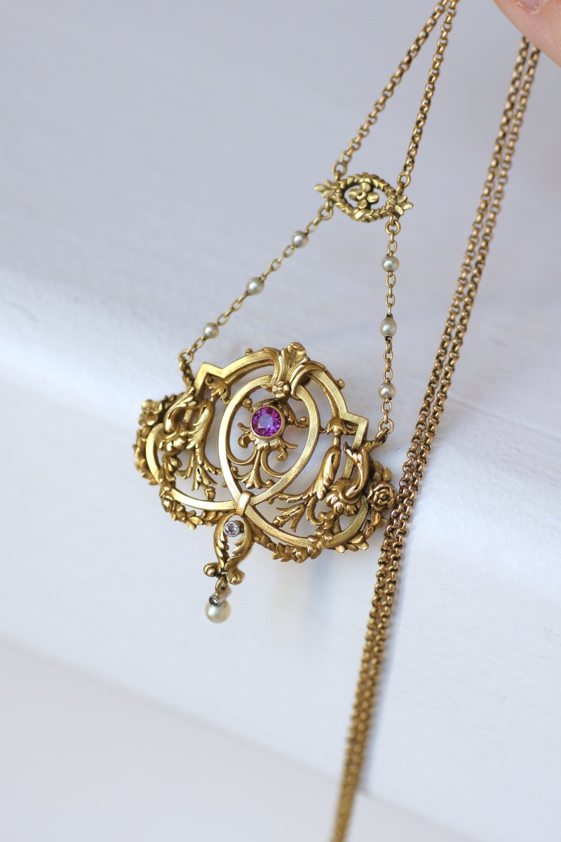 Edwardian Necklace With Burmese Ruby, Diamonds, And Natural Pearls On Yellow Gold-photo-3