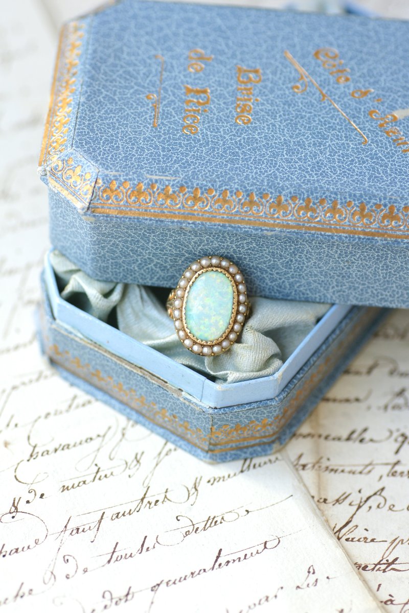 19th-century Antique Victorian Ring With Australian Opal And Natural Pearls Set In Yellow Gold-photo-8