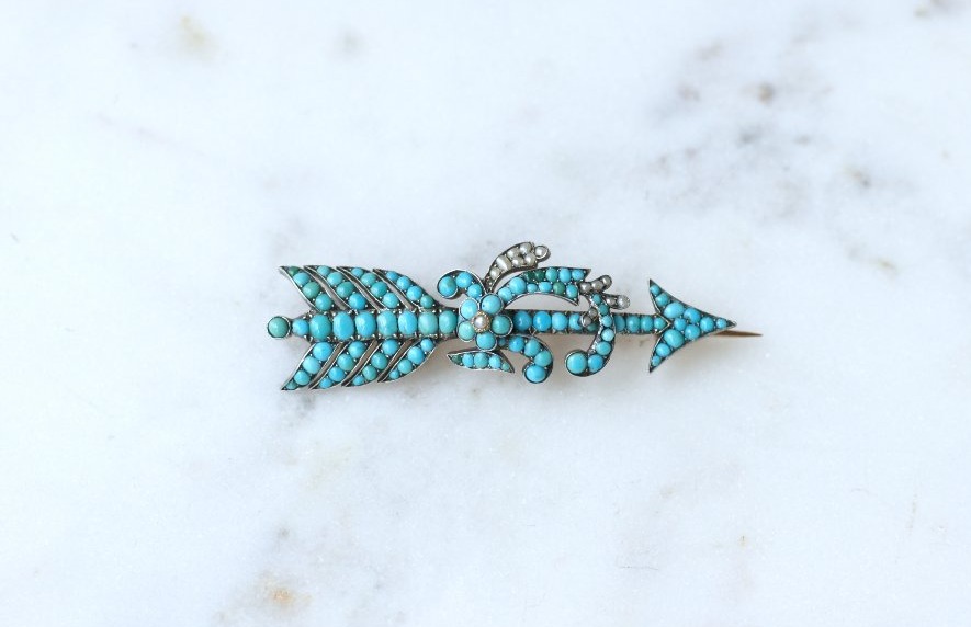 Broche Flèche Ancienne Turquoises et Perles sur Or Rose et Argent-photo-2