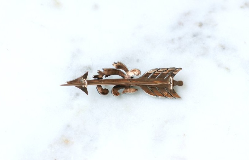 Broche Flèche Ancienne Turquoises et Perles sur Or Rose et Argent-photo-4
