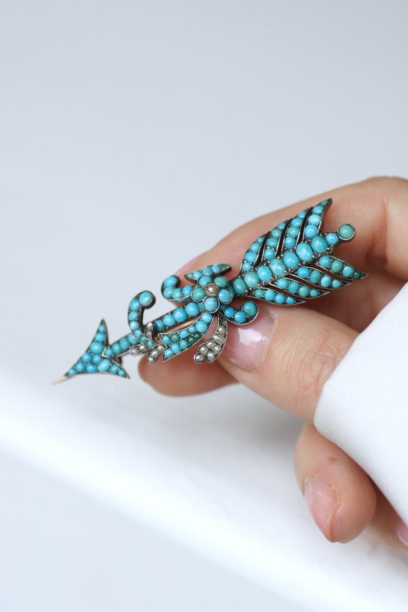 Broche Flèche Ancienne Turquoises et Perles sur Or Rose et Argent-photo-2
