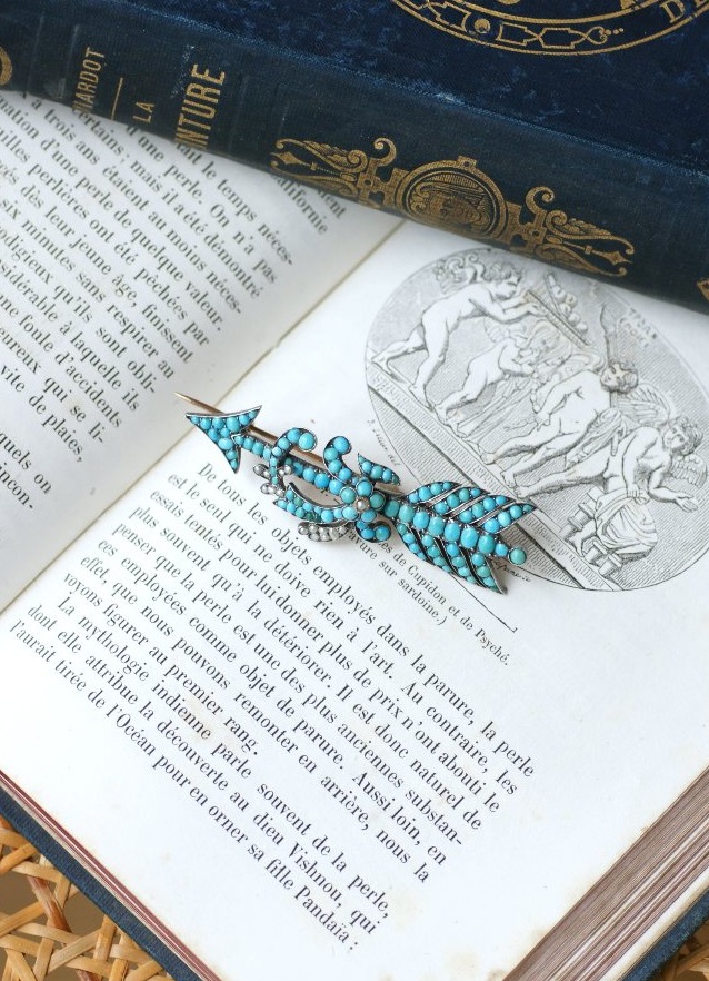 Broche Flèche Ancienne Turquoises et Perles sur Or Rose et Argent-photo-4
