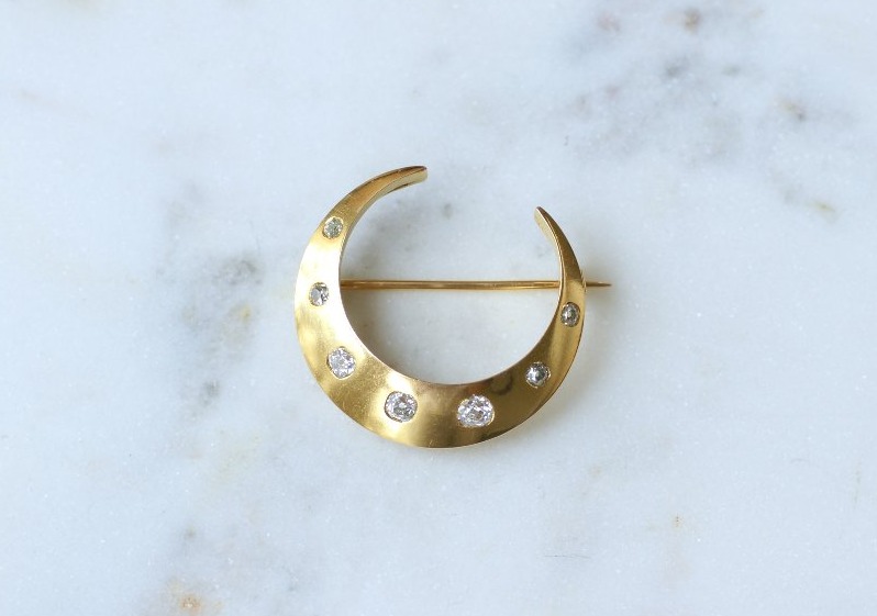 Broche Ancienne Croissant De Lune Diamants Taille Ancienne Coussin 1,10 Cts sur Or Jaune-photo-3