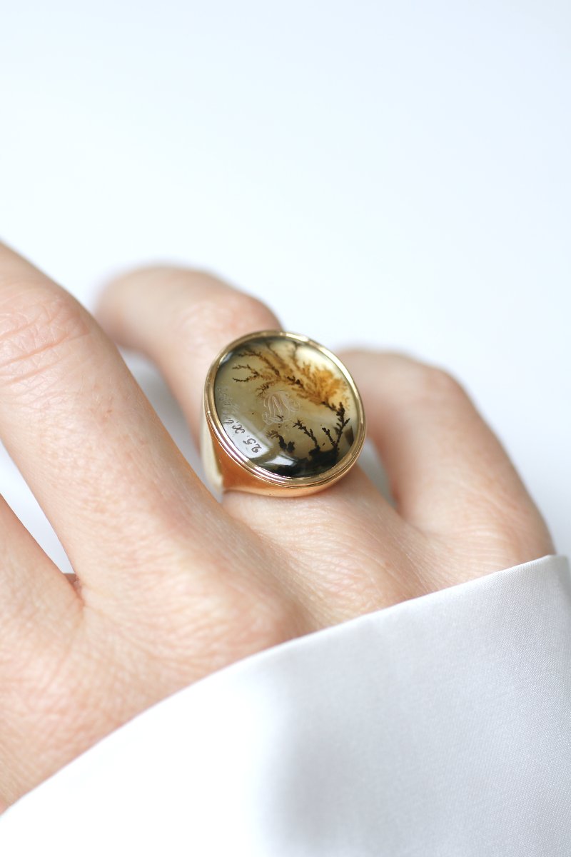 Victorian Antique Dendritic Agate Signet Ring In Yellow Gold, 19th Century, 1815-photo-2