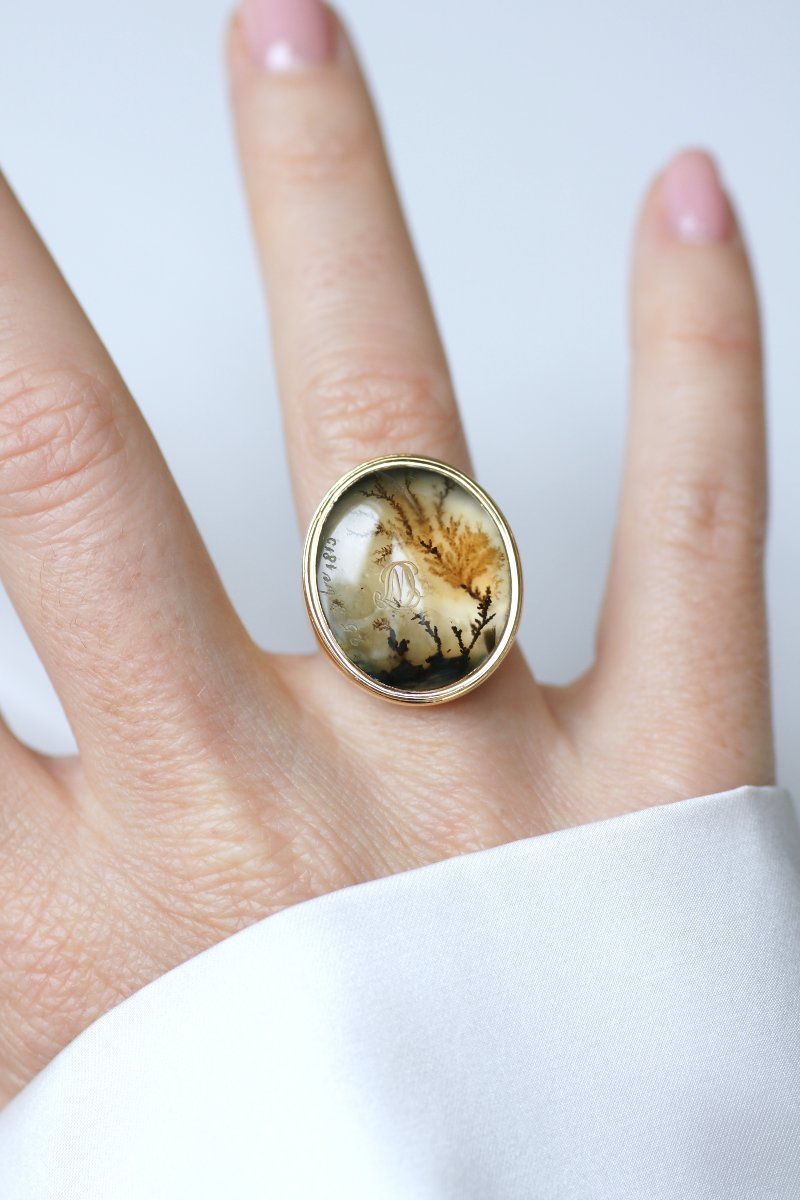 Victorian Antique Dendritic Agate Signet Ring In Yellow Gold, 19th Century, 1815-photo-4