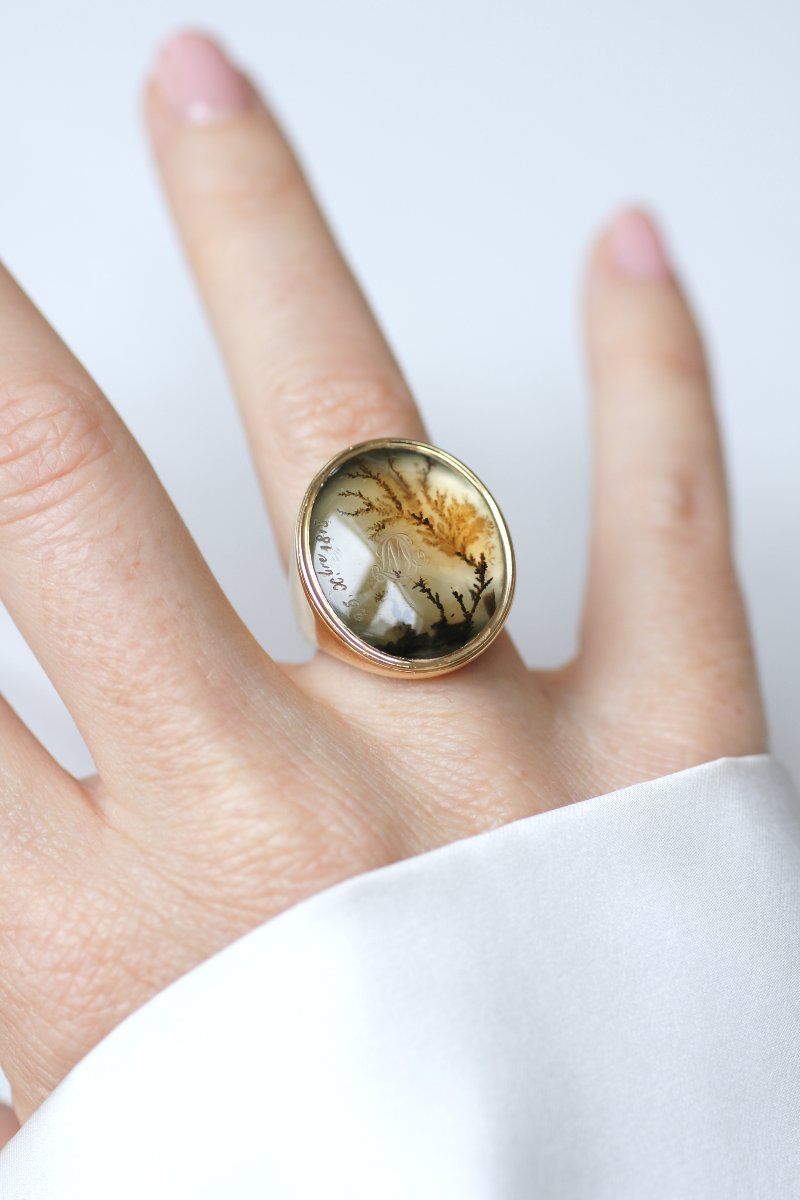 Victorian Antique Dendritic Agate Signet Ring In Yellow Gold, 19th Century, 1815-photo-2