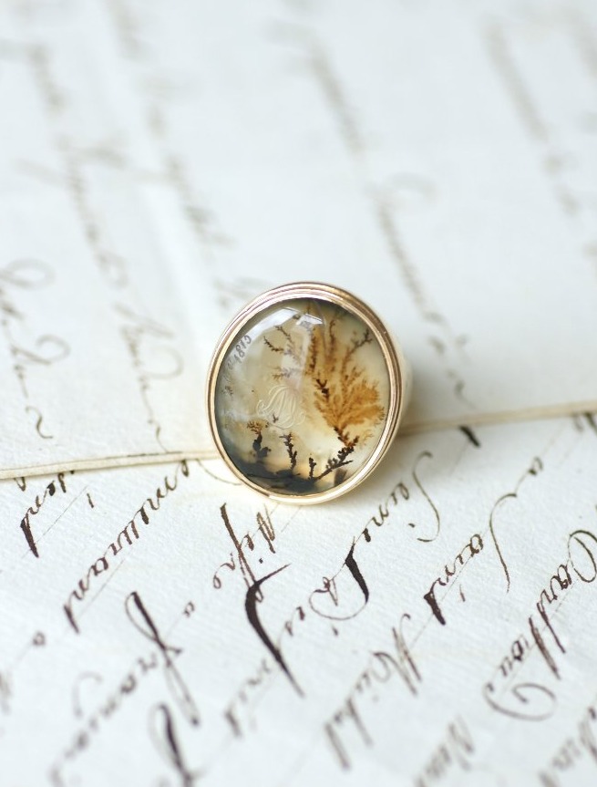 Victorian Antique Dendritic Agate Signet Ring In Yellow Gold, 19th Century, 1815