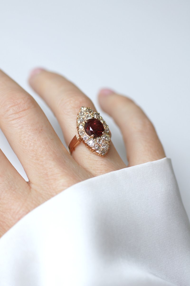 Bague Marquise Ancienne Spinelle Rouge et Diamants sur Or rose-photo-4