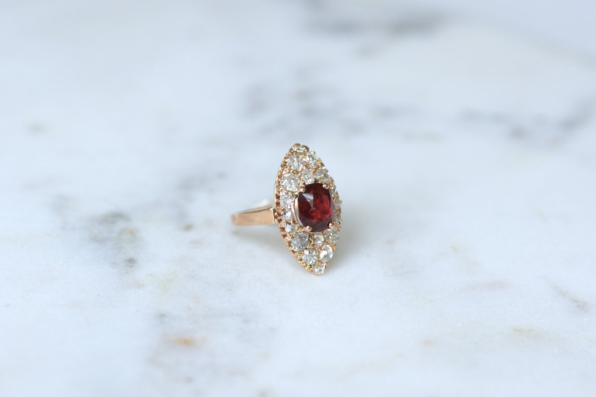 Bague Marquise Ancienne Spinelle Rouge et Diamants sur Or rose-photo-1
