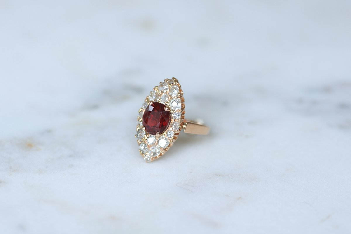 Bague Marquise Ancienne Spinelle Rouge et Diamants sur Or rose-photo-3