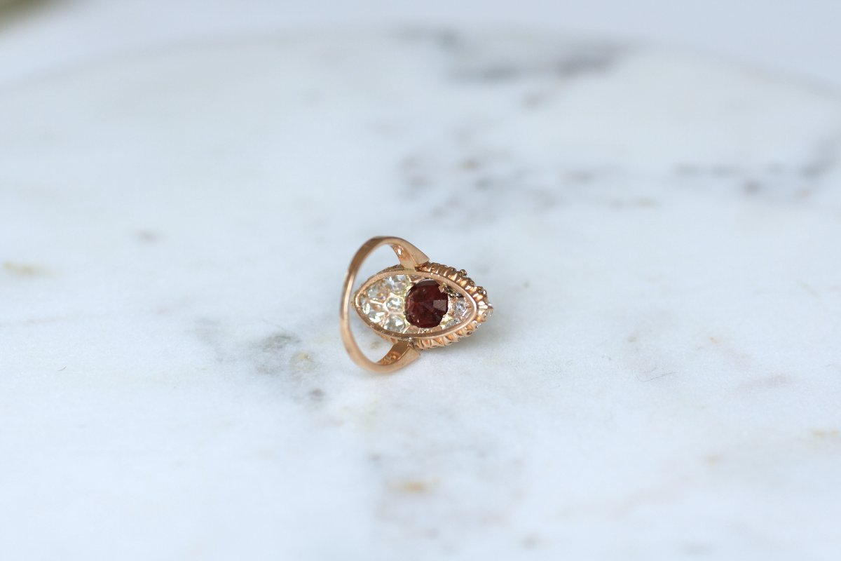 Bague Marquise Ancienne Spinelle Rouge et Diamants sur Or rose-photo-5