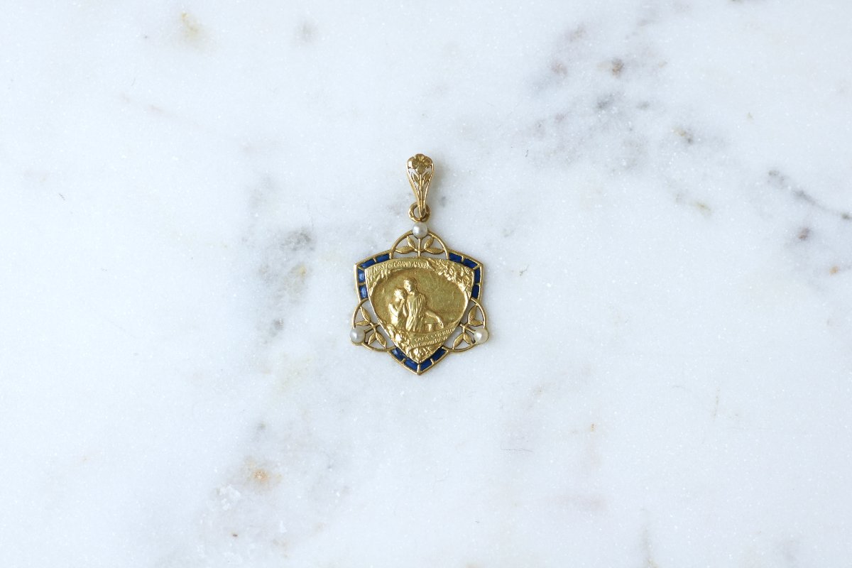 Médaille Art Nouveau Romantique Citation Edmond de Rostand Email Plique à Jour et Perles Fines -photo-3