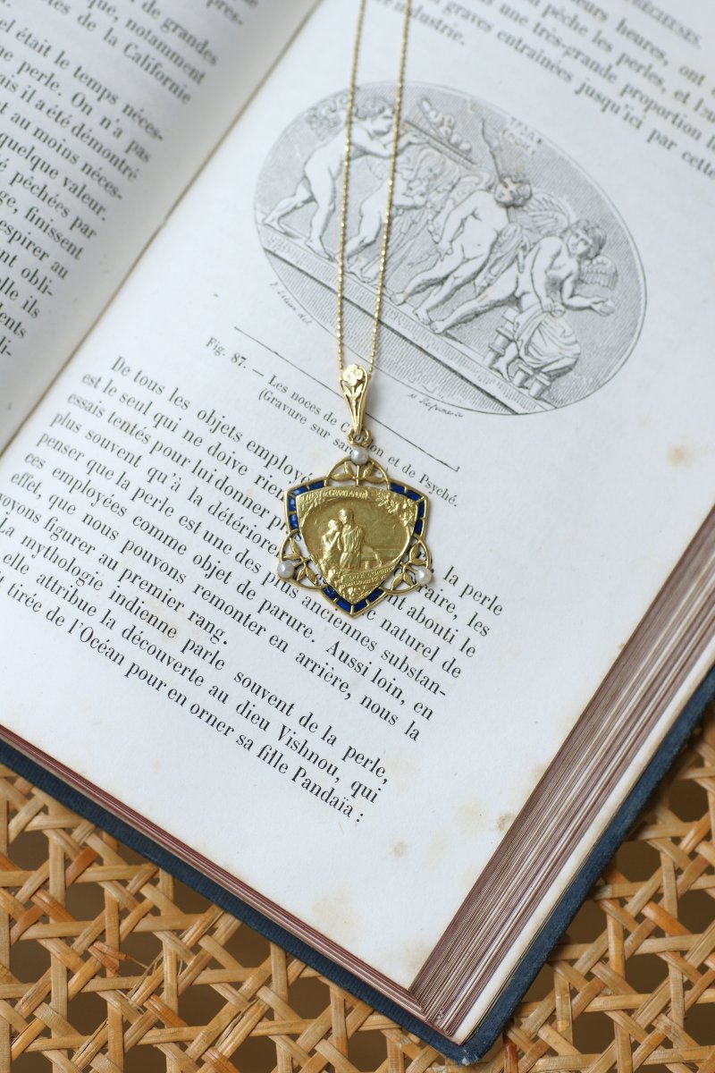 Médaille Art Nouveau Romantique Citation Edmond de Rostand Email Plique à Jour et Perles Fines -photo-4