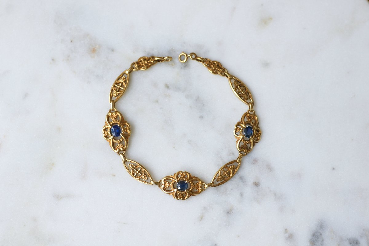French Edwardian Bracelet With Sapphires On Yellow Gold-photo-2