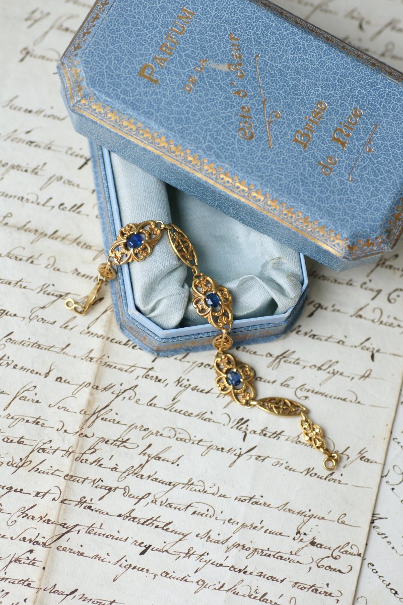 French Edwardian Bracelet With Sapphires On Yellow Gold-photo-4