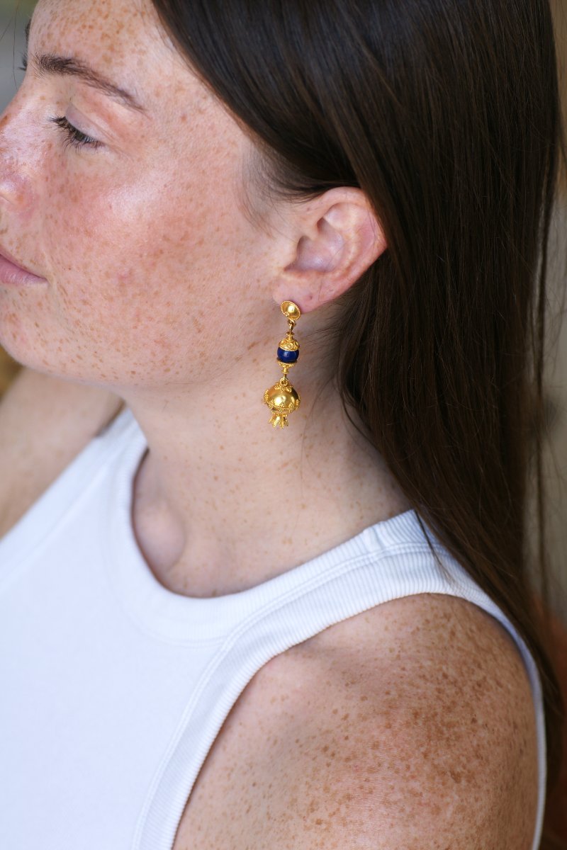 Boucles d'Oreilles Pendantes Lapis Lazuli sur Or Jaune Filigrané-photo-2