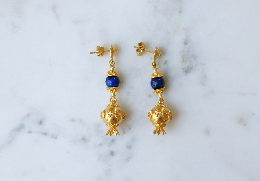 Boucles d'Oreilles Pendantes Lapis Lazuli sur Or Jaune Filigrané-photo-1
