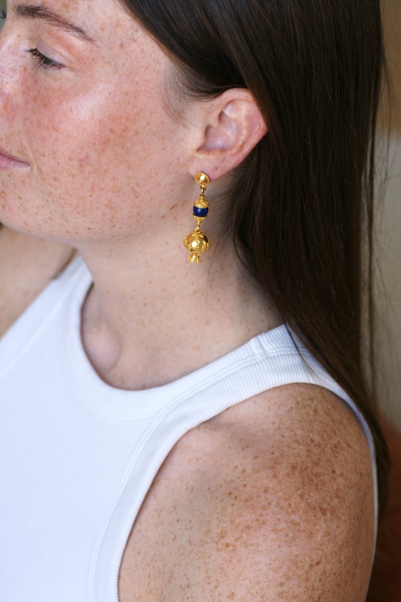 Boucles d'Oreilles Pendantes Lapis Lazuli sur Or Jaune Filigrané-photo-4