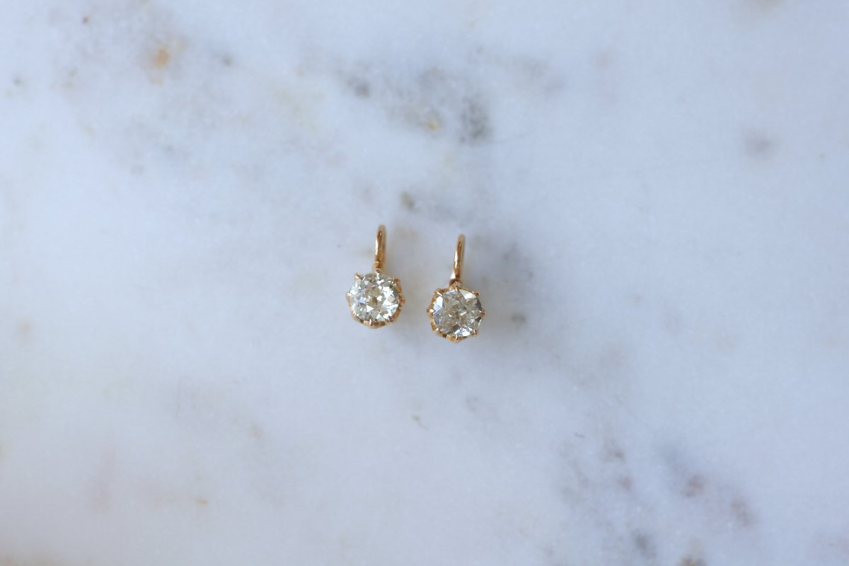 Boucles d'Oreilles Dormeuses Anciennes Diamant Coussin 1,70 Cts sur Or Rose-photo-3