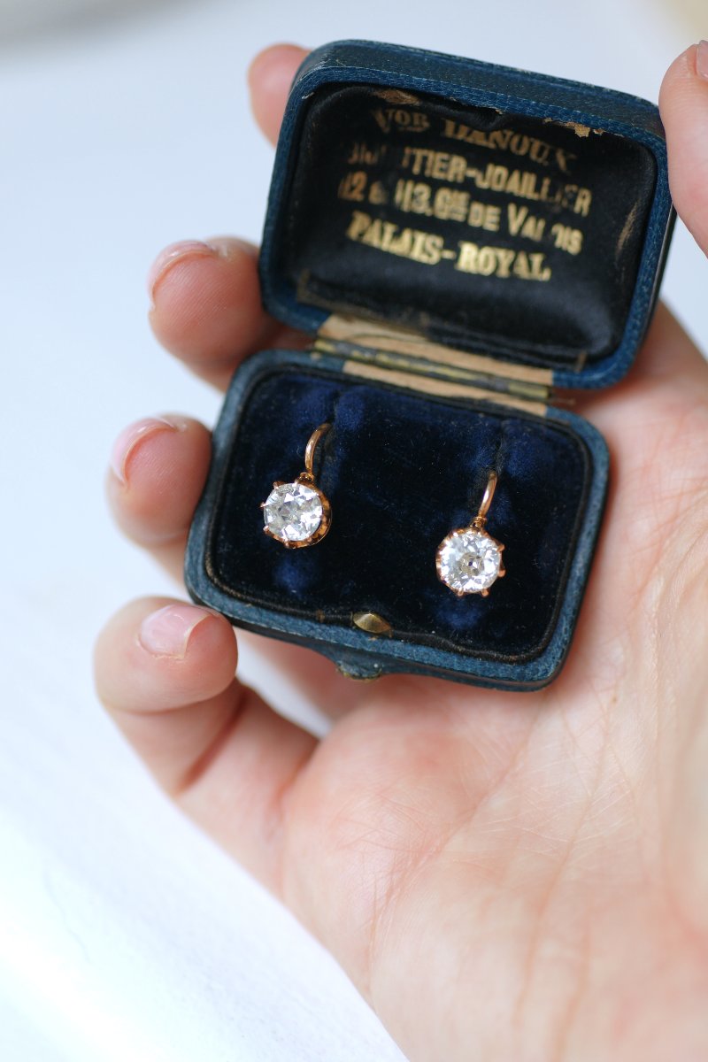 Boucles d'Oreilles Dormeuses Anciennes Diamant Coussin 1,70 Cts sur Or Rose-photo-4