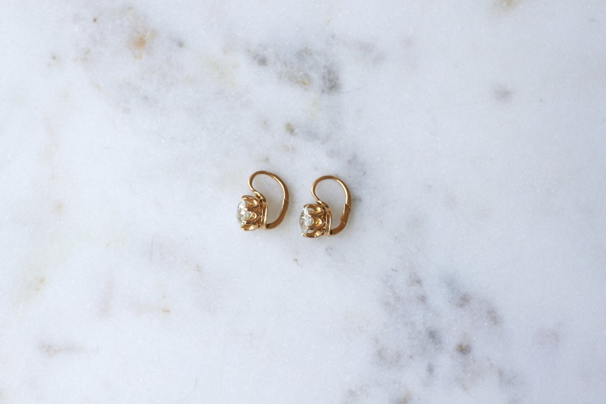 Boucles d'Oreilles Dormeuses Anciennes Diamant Coussin 1,70 Cts sur Or Rose-photo-1