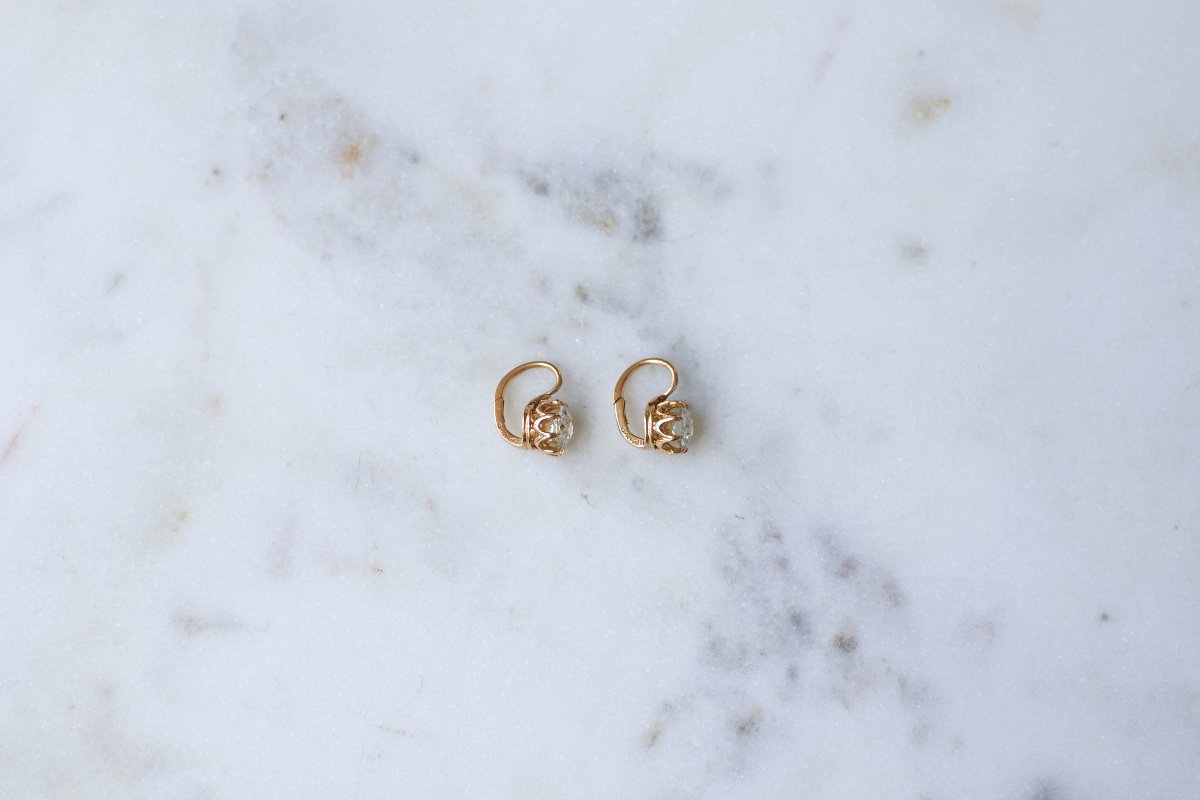Boucles d'Oreilles Dormeuses Anciennes Diamant Coussin 1,70 Cts sur Or Rose-photo-3