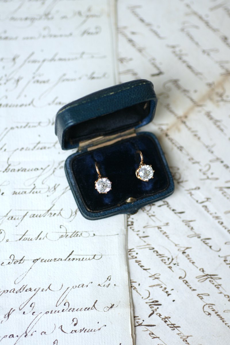 Boucles d'Oreilles Dormeuses Anciennes Diamant Coussin 1,70 Cts sur Or Rose-photo-5