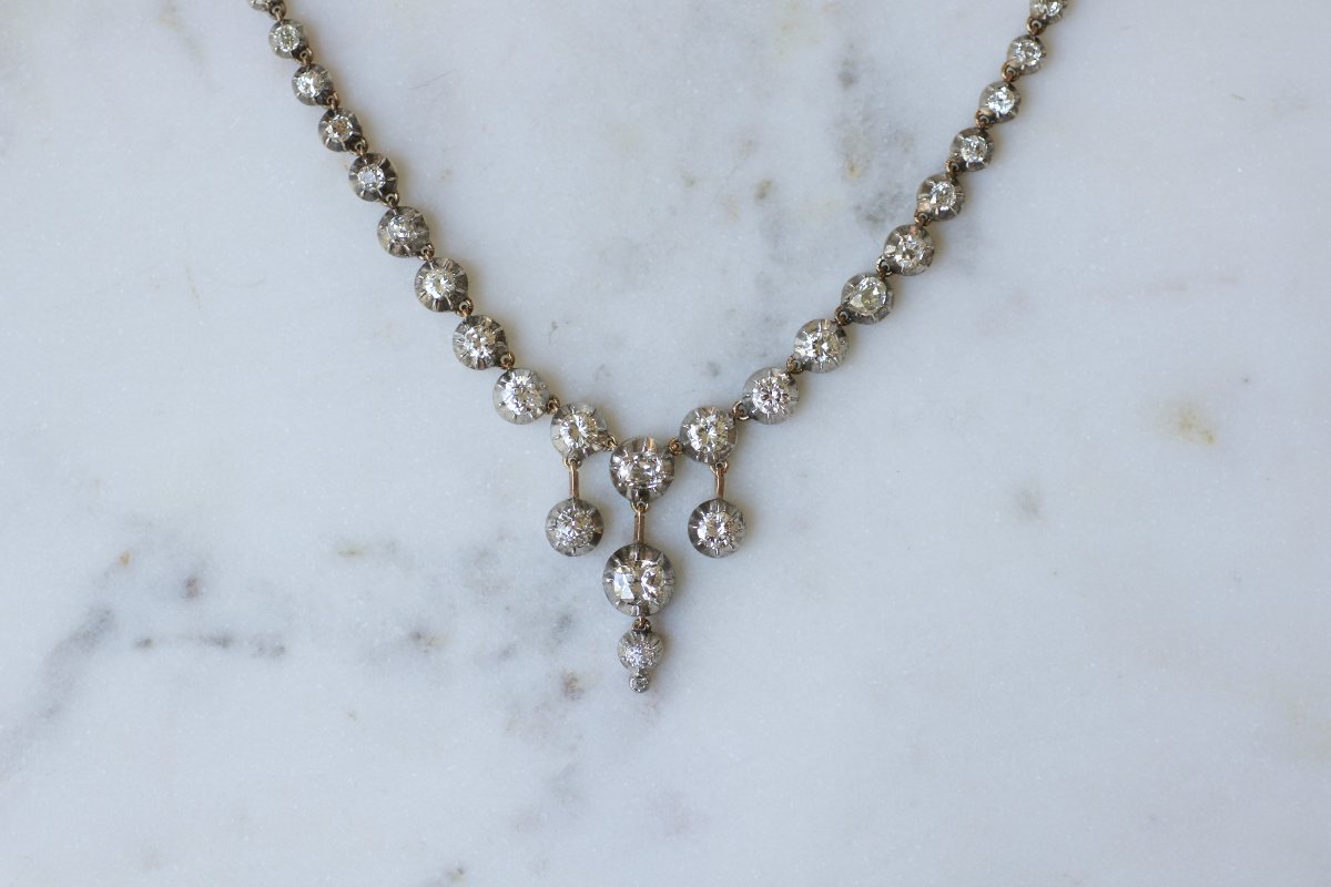 Victorian 7.50 Cts Diamond Rivière Necklace In Gold And Silver-photo-3