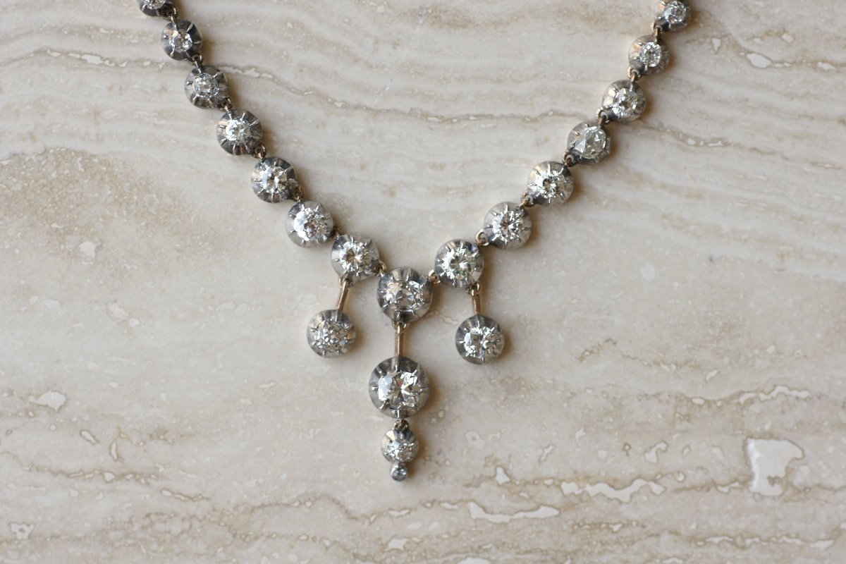 Victorian 7.50 Cts Diamond Rivière Necklace In Gold And Silver