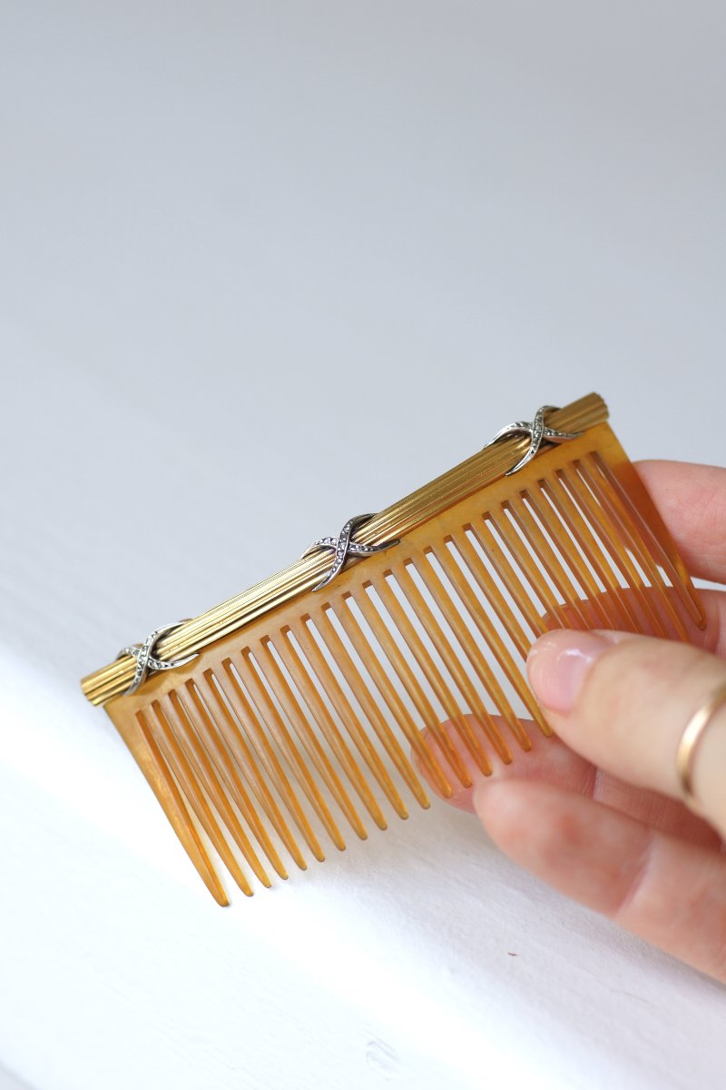 Victorian Antique Diamond Comb In Yellow Gold And Silver, 19th Century-photo-2