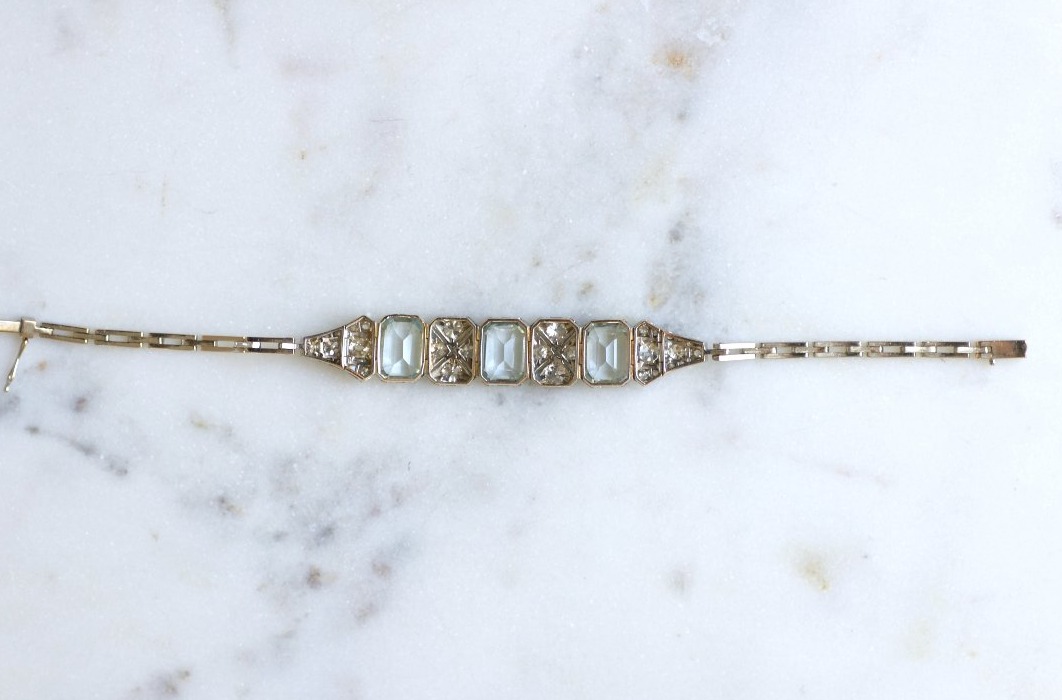 Bracelet Art Deco Aigue-Marine 8 Cts et Diamant sur Or blanc-photo-4