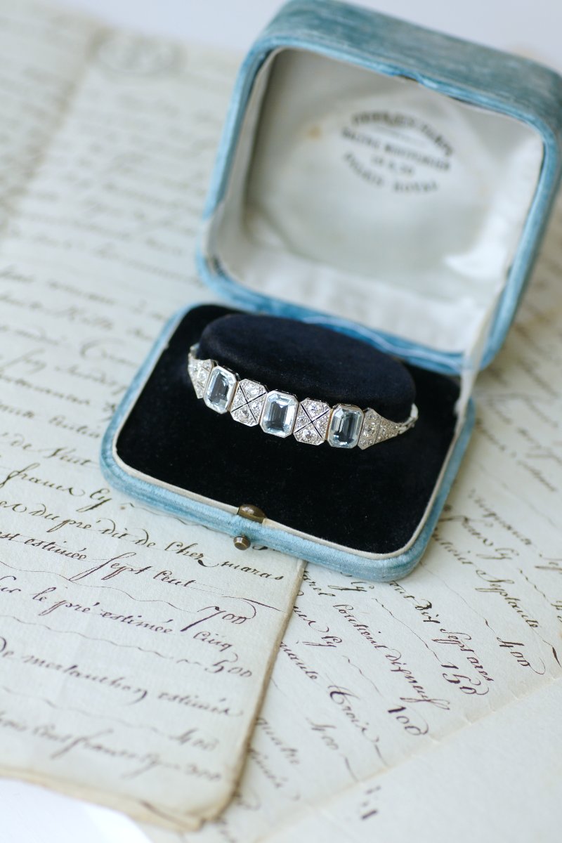 Bracelet Art Deco Aigue-Marine 8 Cts et Diamant sur Or blanc-photo-2