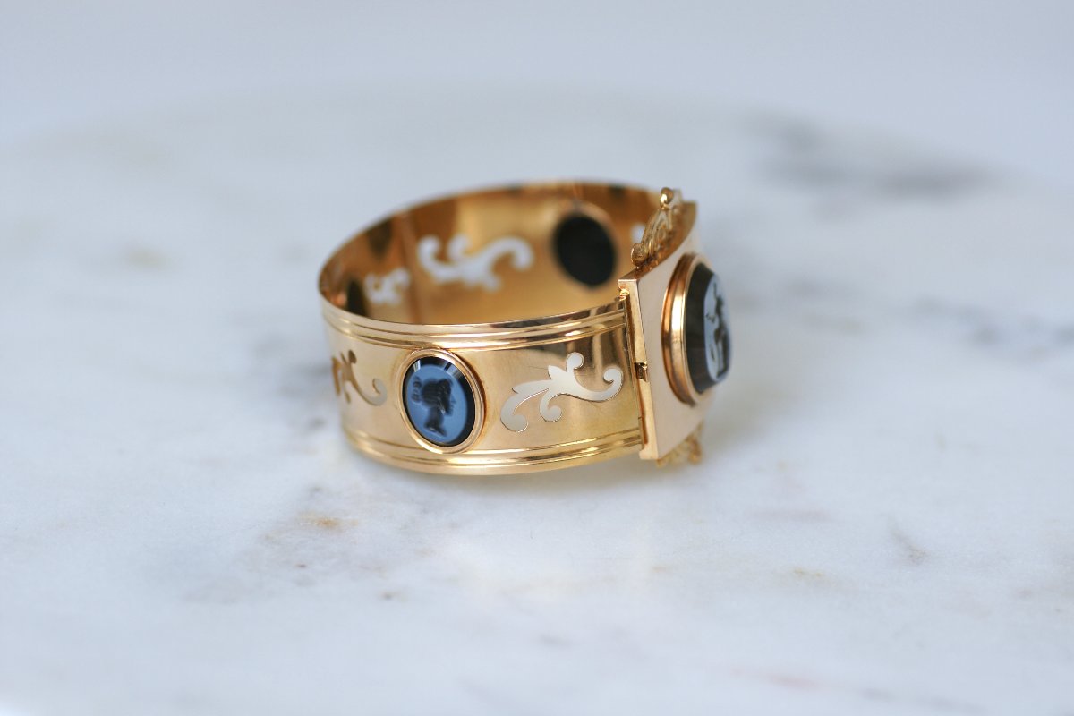 Bracelet Jonc Néoclassique Intailles Nicolo sur Or Rose-photo-4
