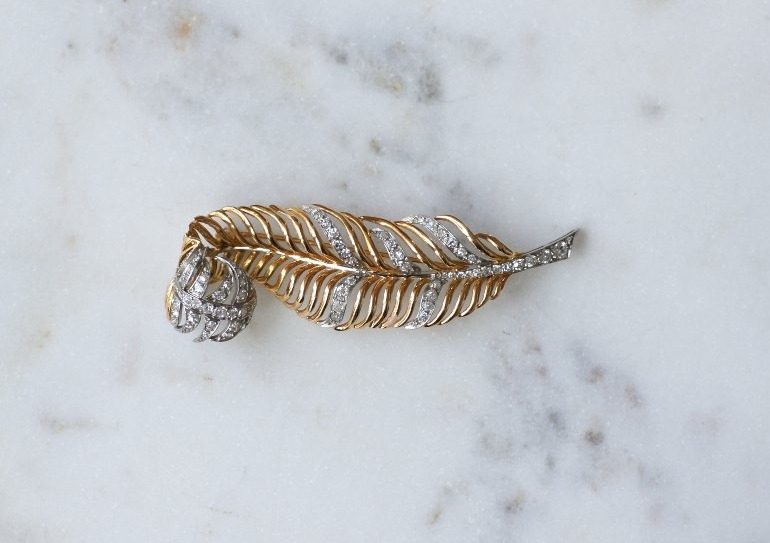 2.50-carat Diamond Feather Brooch On Rose Gold And Platinum, 1950s-photo-3