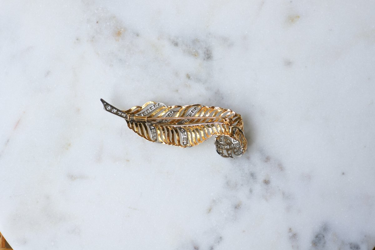 2.50-carat Diamond Feather Brooch On Rose Gold And Platinum, 1950s-photo-1