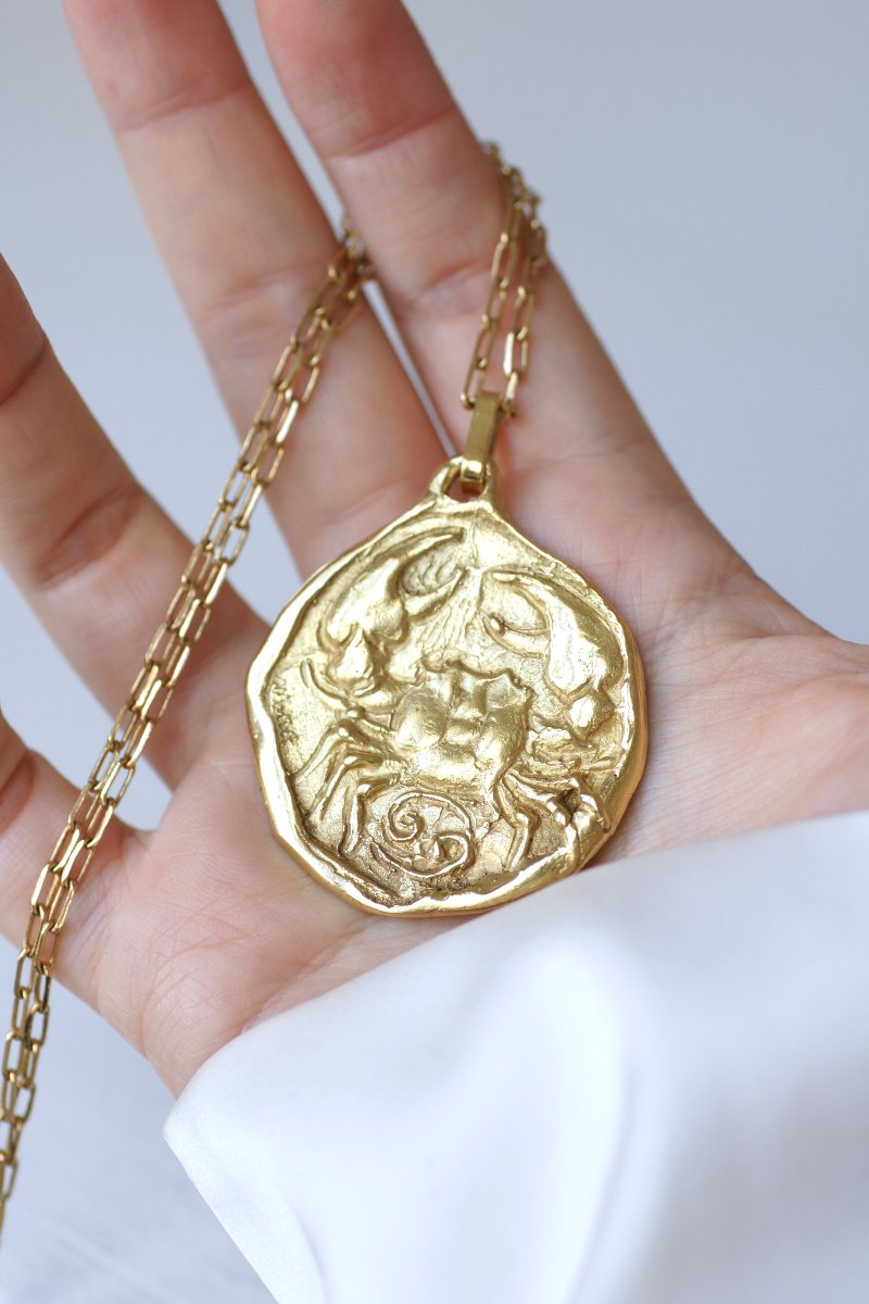 Pendentif Médaille Astrologique Cancer en Or Jaune Années 70-photo-4