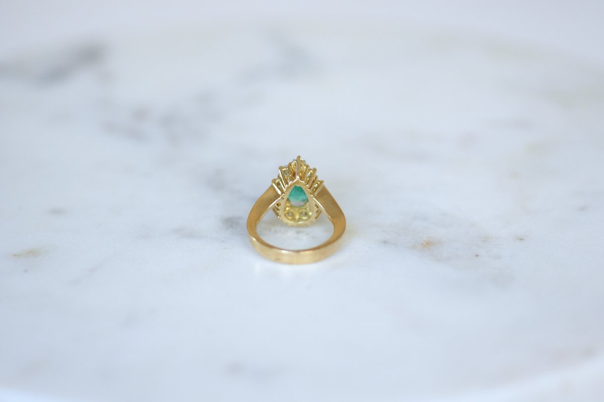 Bague Emeraude Colombienne Poire 1.30 Cts Entourage Diamants sur Or Jaune-photo-5