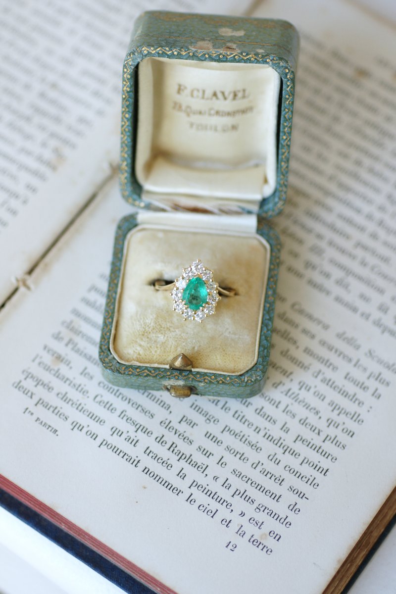 Bague Emeraude Colombienne Poire 1.30 Cts Entourage Diamants sur Or Jaune-photo-6