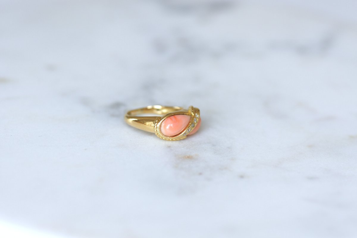 Jean & Pierre Bellin Bague Cabochon de Corail et Diamant sur Or Jaune-photo-4