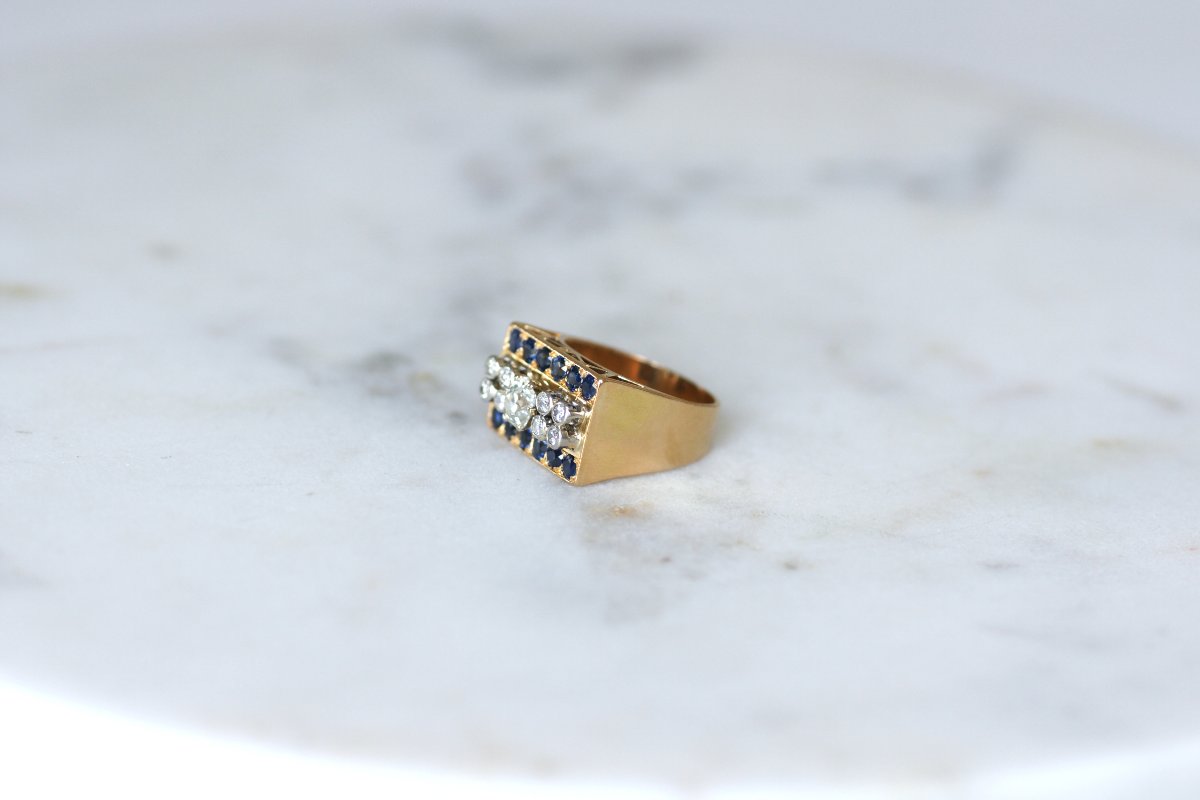 Bague Tank Diamant Coussin et Saphirs sur Or Rose-photo-3