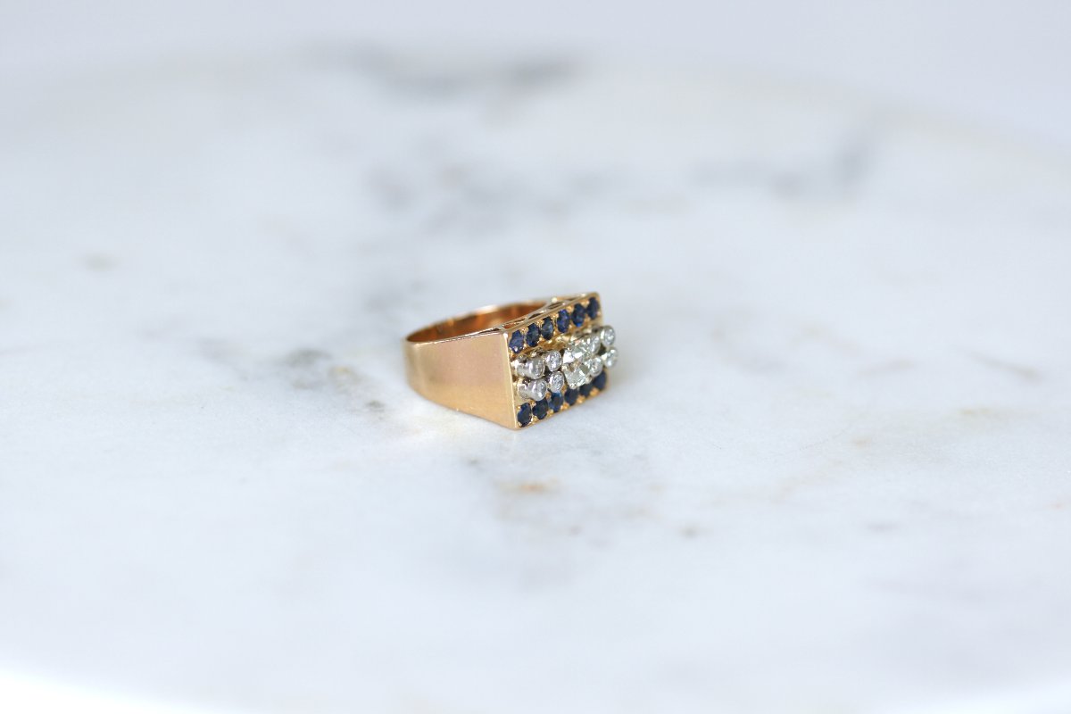 Bague Tank Diamant Coussin et Saphirs sur Or Rose-photo-4