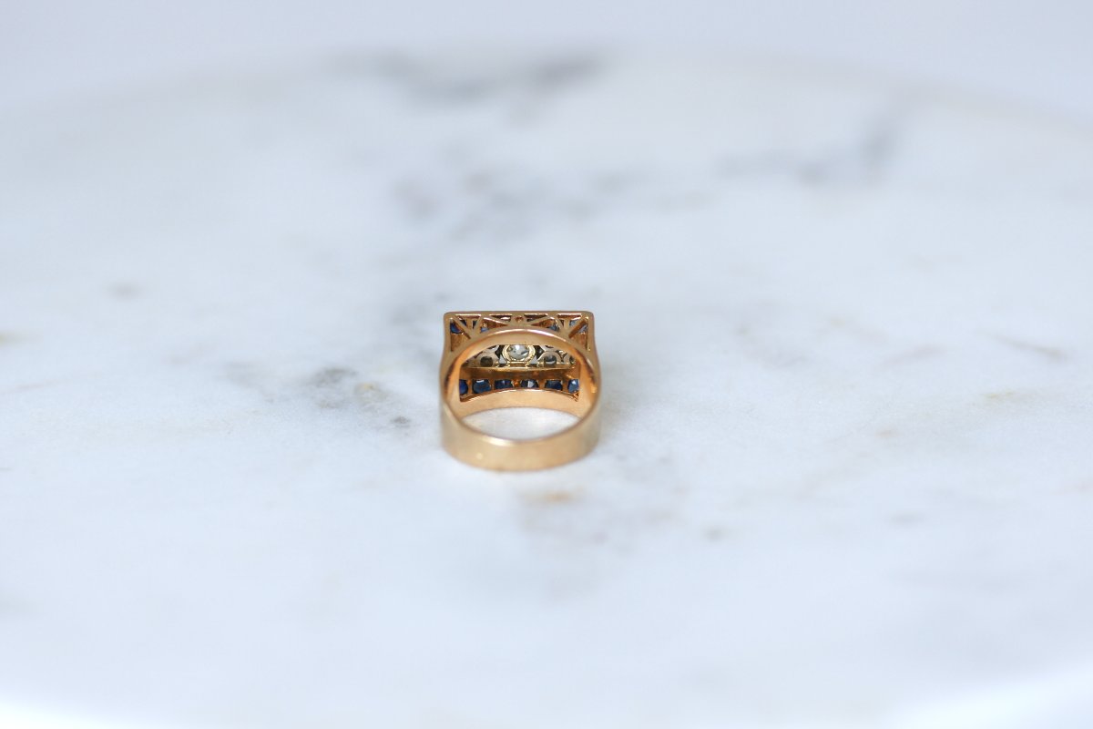 Bague Tank Diamant Coussin et Saphirs sur Or Rose-photo-1