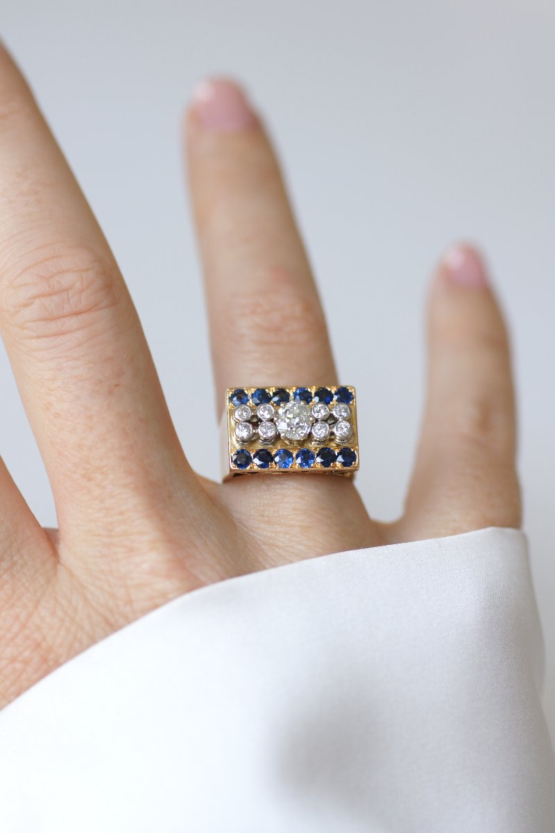 Bague Tank Diamant Coussin et Saphirs sur Or Rose-photo-4