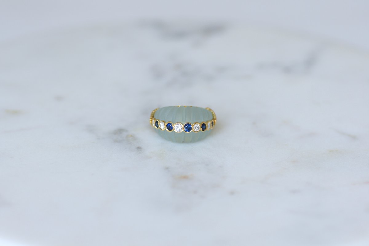 Jean & Pierre Bellin Aquamarine Cocktail Ring With Diamond And Sapphire On Yellow Gold-photo-2