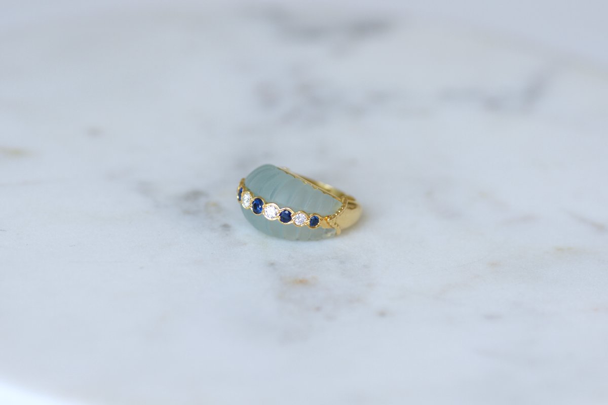 Jean & Pierre Bellin Aquamarine Cocktail Ring With Diamond And Sapphire On Yellow Gold-photo-3