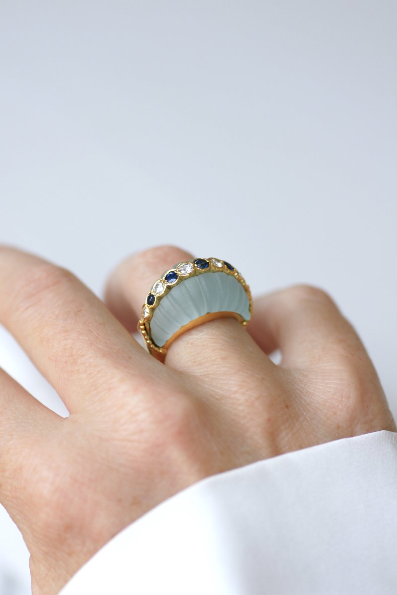 Jean & Pierre Bellin Aquamarine Cocktail Ring With Diamond And Sapphire On Yellow Gold-photo-2